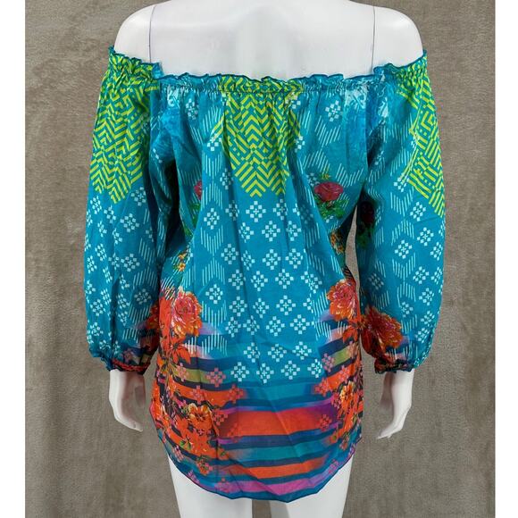 Lior Paris Top Womens Small Blue Off the Shoulder Sheer Artsy Colorful Boho - Picture 5 of 9